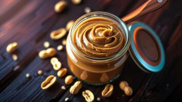 Natural nut butter in a jar surrounded by scattered peanuts on a wooden table in a cozy kitchen setting during the afternoon light photo