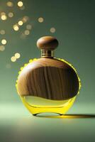 Elegant fragrance bottle displayed with soft bokeh lights in a calming atmosphere photo