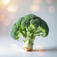 Fresh broccoli stands upright against a softly blurred background, highlighting its vibrant green color and texture photo