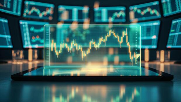 Trading analysis on a digital tablet with market data displayed in a modern financial office setting photo