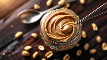 Natural peanut butter in a glass jar with a silver spoon on a wooden table surrounded by scattered peanuts photo