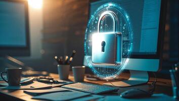 Digital security concept with lock visual on desktop computer at an office during late hours photo