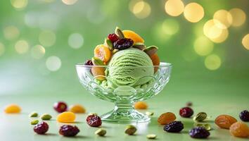 Fresh mint ice cream served with dried fruits and nuts in a decorative bowl set against a green background photo