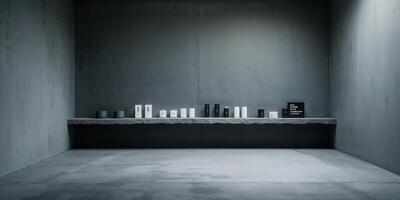 Minimalist display of skincare products in a modern, concrete room during daylight hours photo