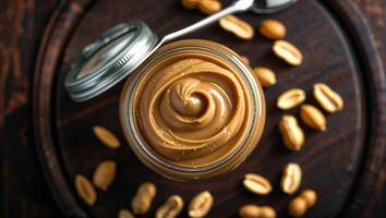 Creamy peanut butter jar surrounded by whole peanuts on a dark wooden table photo