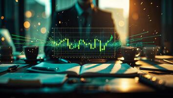 Business professional analyzing market trends with data visualization in a modern office setting during sunset photo