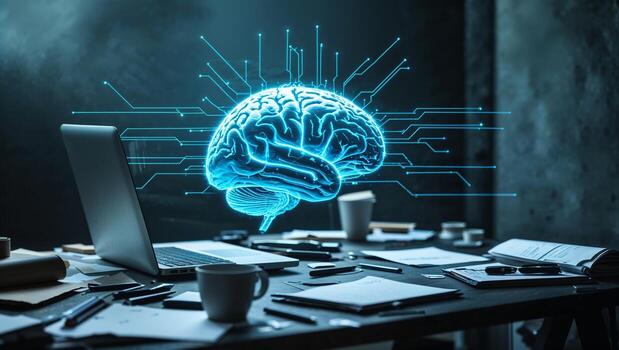 digital cerebro concepto visualizado encima un espacio de trabajo con tecnología elementos en un oscuro, moderno ambiente foto