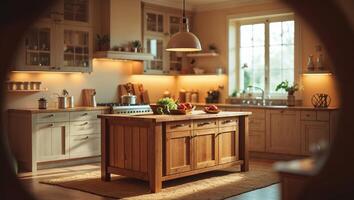 Warm and inviting kitchen with wooden island and soft lighting in a cozy setting photo