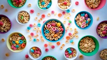 Colorful bowls filled with various cereals arranged in a playful layout during breakfast time photo