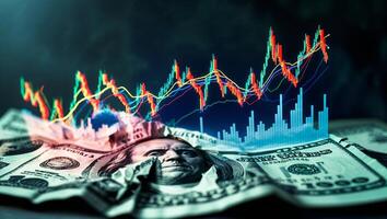 Financial growth and investment trends represented through currency and market graphs photo