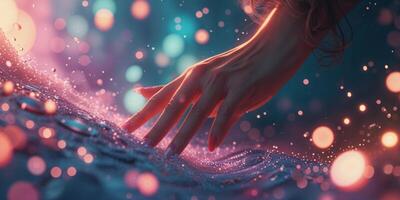 Hand reaching out to sparkling water droplets with colorful bokeh in a mystical setting at dusk photo