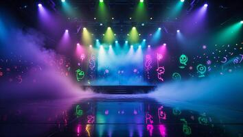 Colorful stage setup with lights and fog effects creating a vibrant atmosphere for a performance or event photo