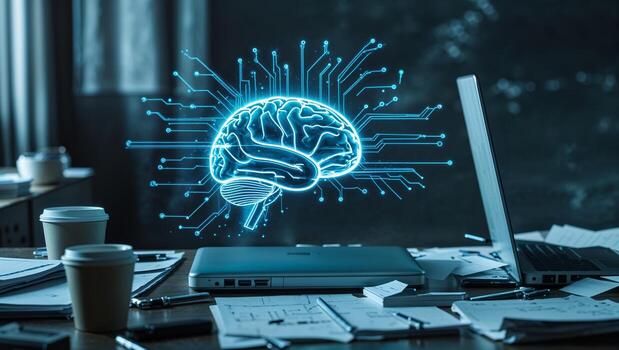 Innovative workspace with digital brain concept showcasing technology and creativity during a brainstorming session photo