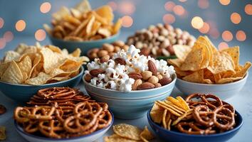 Assorted snacks displayed on a table during a festive gathering with soft lights in the background photo