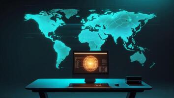 Futuristic workspace featuring a glowing world map and advanced computer setup for data analysis and global monitoring photo