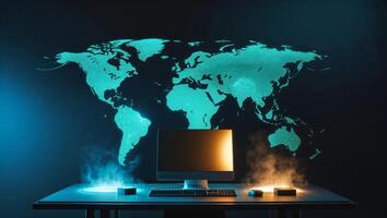 Computer setup with glowing world map projection in a dimly lit workspace at night photo