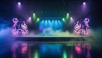 Vibrant stage setting with colorful lighting and fog effects creates an energetic atmosphere for an event photo
