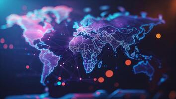 Digital world map visualization with neon colors and intricate network connections photo