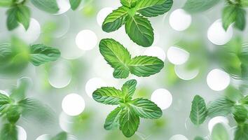 Fresh mint leaves floating against a soft bokeh background in a bright and serene setting photo