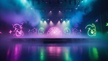 Colorful stage setup with vibrant lights and fog ready for an evening performance or event photo