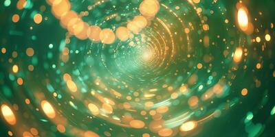 Light particles swirl in a mesmerizing green tunnel with golden accents in an abstract artistic representation photo