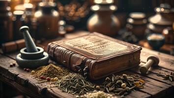 Ancient book of herbal remedies and spices displayed on a rustic wooden table surrounded by jars in a serene herbalist's workshop photo