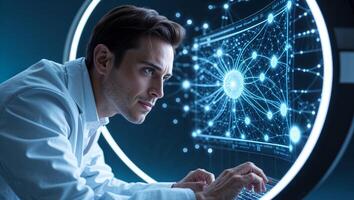 Scientist engages in advanced research at futuristic workspace illuminated by glowing data visuals photo