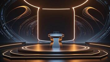 Futuristic stage design featuring modern podium with glowing accents for a technology conference in a dark setting photo