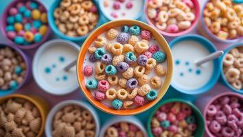 Colorful breakfast cereal assortment displayed in bowls with milk on a vibrant table photo