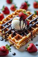 Enjoying a delicious waffle topped with ice cream, strawberries, and chocolate sauce on a sunny day photo