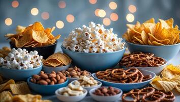 Colorful assortment of snacks arranged on a table with soft lighting for a cozy gathering photo