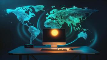 Digital workspace illuminated by a glowing sun with a world map backdrop in a modern setting photo