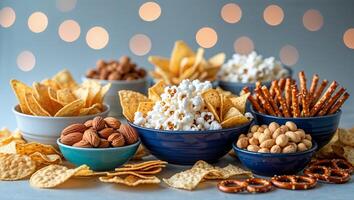Snack assortment displayed on a table with various treats arranged in bowls, decorated with warm bokeh lights in the background photo