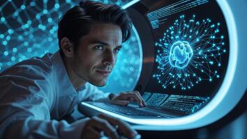Man interacts with advanced technology while analyzing neural network data in a futuristic environment photo