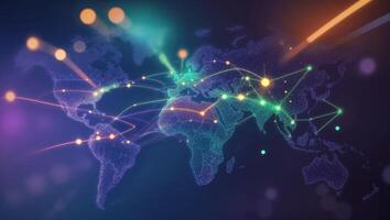 Global network connections illustrated with vibrant lights over a world map representing digital communication technologies photo