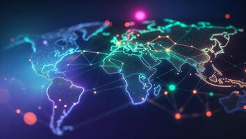 Colorful digital representation of a global map showcasing interconnected networks across continents photo