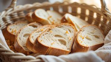 Freshly sliced bread arranged in a basket, perfect for sandwiches or toast in a cozy kitchen setting photo