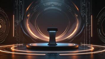 Futuristic stage setup with glowing backdrop and central podium in a dark environment photo