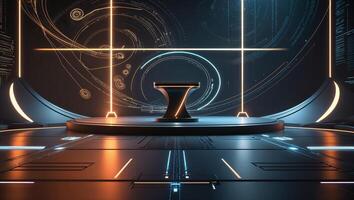Futuristic stage design with high-tech backdrop and illuminated platform in a modern setting photo