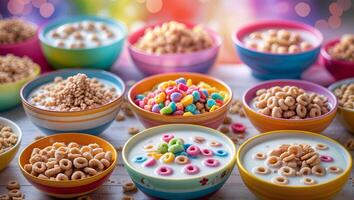 Colorful bowls of cereal with milk arranged for a fun breakfast display at a cheerful setting during morning hours photo
