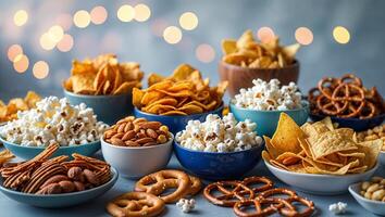 Colorful assortment of snacks arranged on a table for a festive gathering at night photo