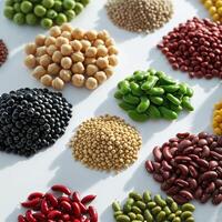 Various types of colorful legumes and seeds arranged on a white surface for display and study photo