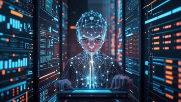 Digital youth engaged in a futuristic technology environment with glowing data panels in a high-tech setting photo