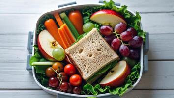 Healthy lunch box filled with colorful fruits and vegetables for a nutritious meal on a wooden table photo