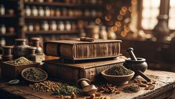 Ancient books surrounded by herbs and spices in a warm, rustic setting photo