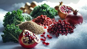 Colorful display of superfoods arranged on a textured surface during bright natural light photo
