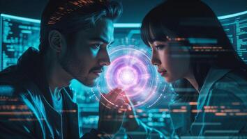 Intense connection between two individuals in a futuristic tech environment during a digital interaction photo
