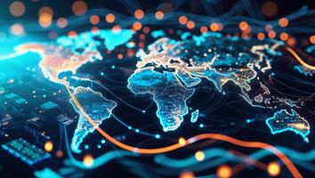 Digital map representation of global connections showcasing network patterns and data visualization technologies in a modern context photo