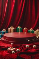 Festive holiday display featuring wrapped gifts and decorative ornaments on a red velvet backdrop photo