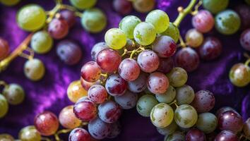 Fresh and colorful grapes displayed on a vibrant cloth at a farmers market in summer photo